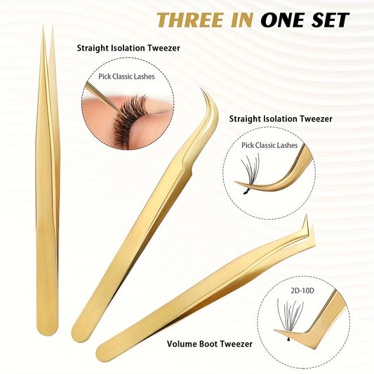 Hochpräzise Wimpern -Pinzetten -Set - 3 Edelstahlwerkzeuge