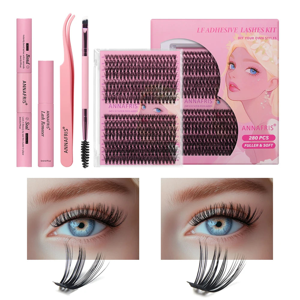 Annafris DIY Lash Extension Kit - 280pcs Cluster + Werkzeuge