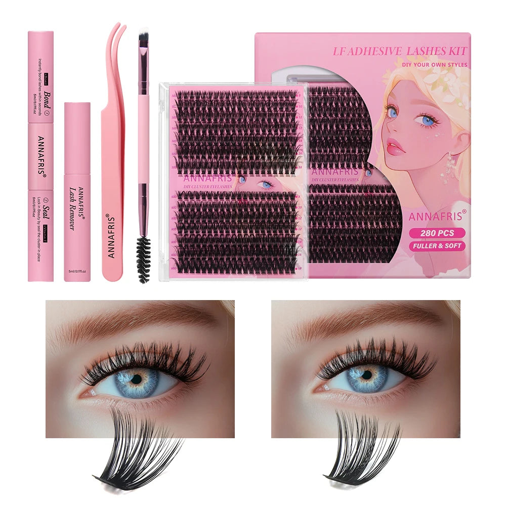 Annafris DIY Lash Extension Kit - 280pcs Cluster + Werkzeuge