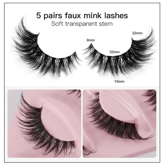 5 Paar Cat Eye Wimpern - Faux Mink mit geflügelten Enden