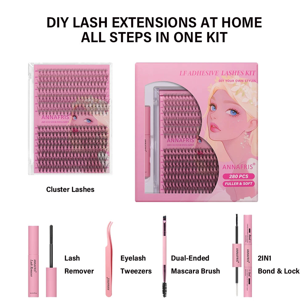 Annafris DIY Lash Extension Kit - 280pcs Cluster + Werkzeuge