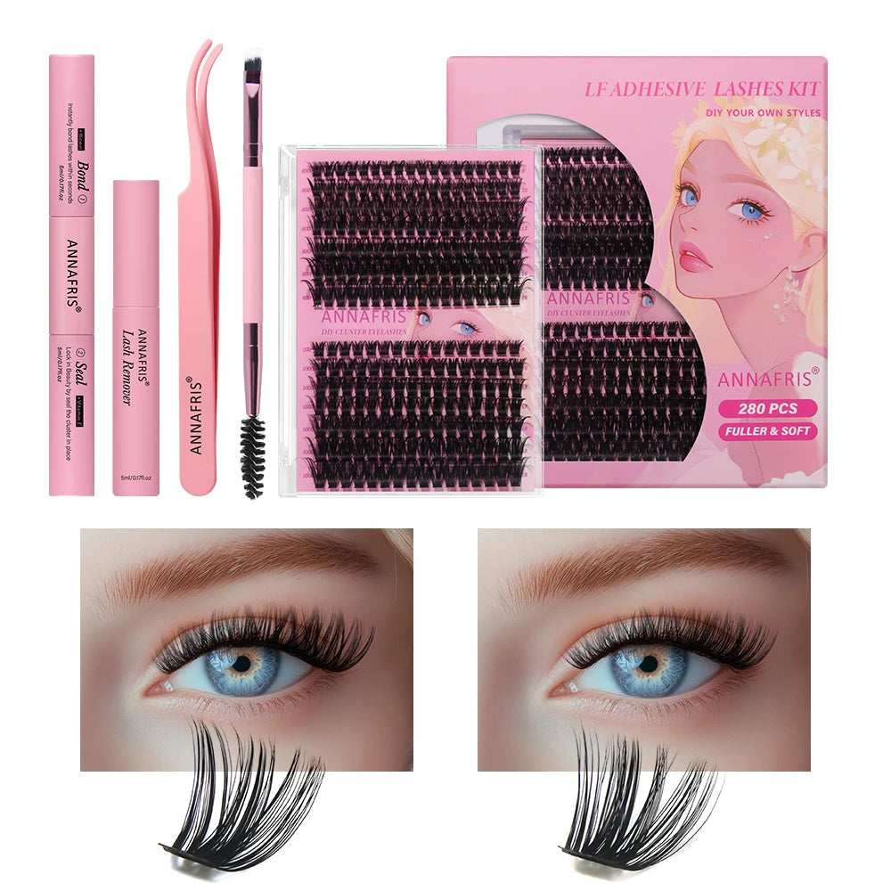Annafris DIY Lash Extension Kit - 280pcs Cluster + Werkzeuge