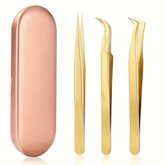 Hochpräzise Wimpern -Pinzetten -Set - 3 Edelstahlwerkzeuge